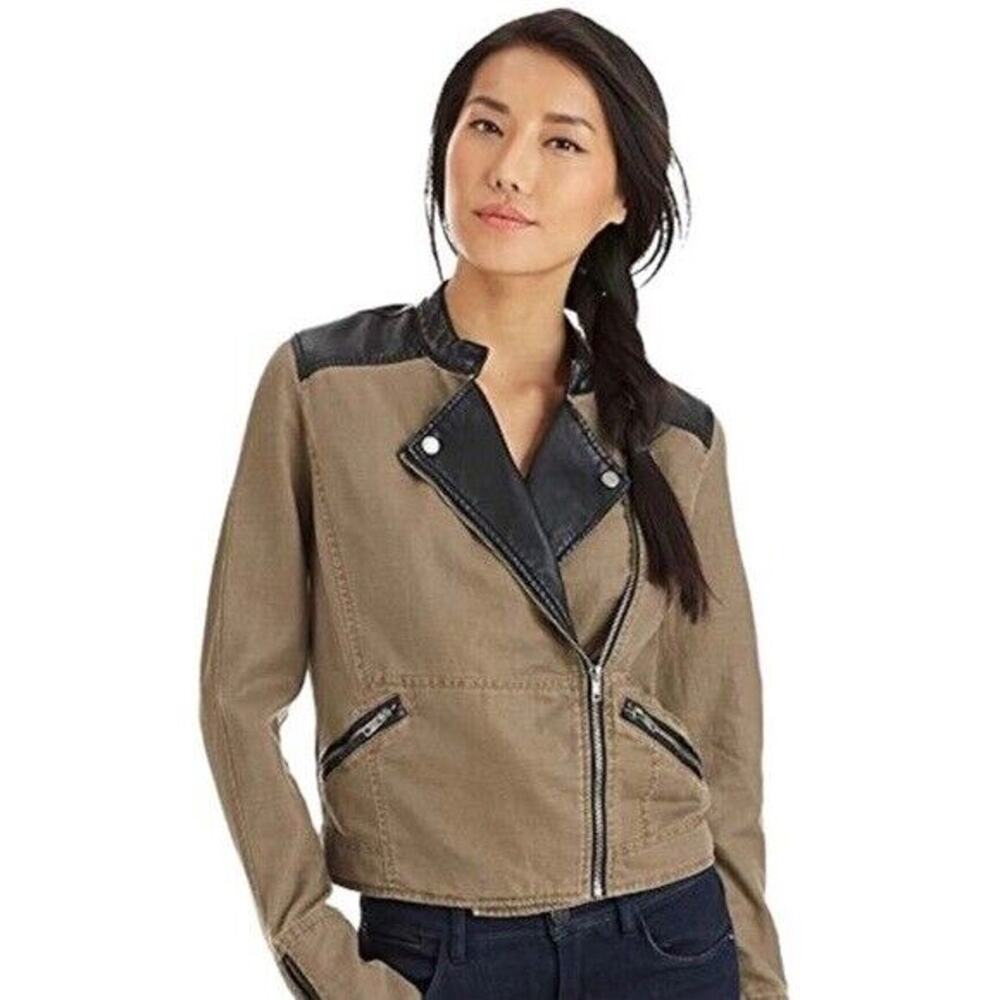 Free People Washed Linen Faux Leather Pierce Moto Jacket Light Brown Size 0